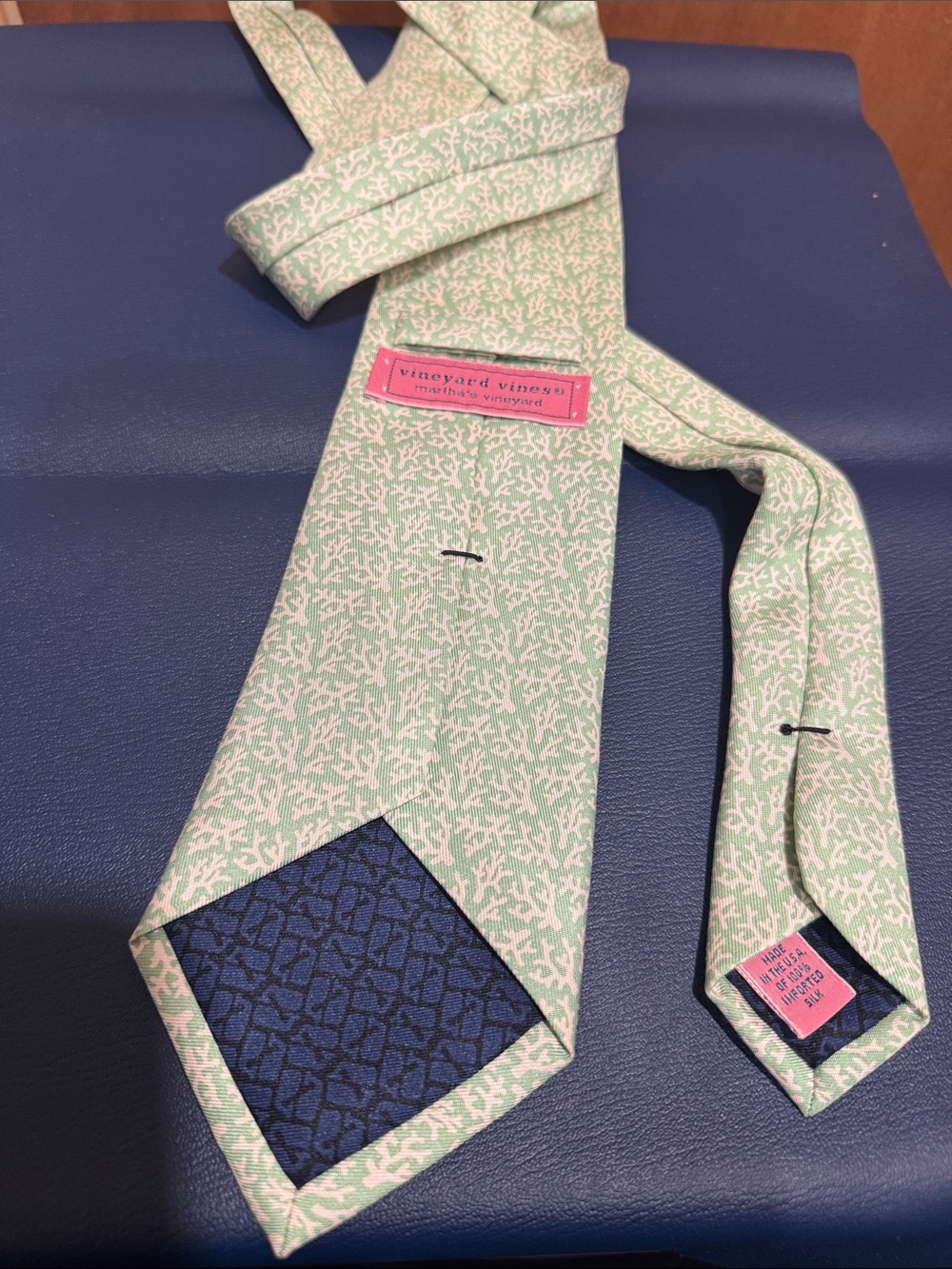 Vineyard Vines Mint Green Coral Pattern Silk Tie with Navy Tip
